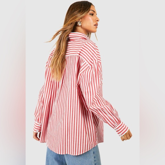 Oversized Pocket Detail Red and White Striped Long sleeve Shirt - Picture 2 of 5